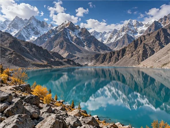 An imagined alpine lake beneath dramatic mountain peaks