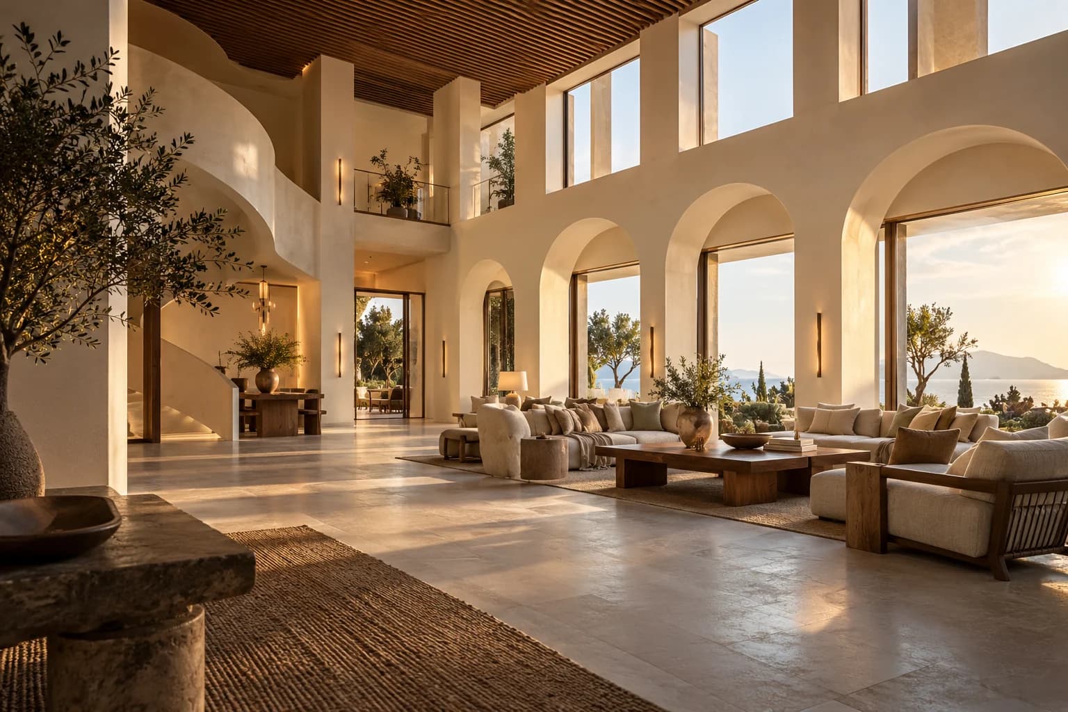 A sunlit hotel lobby with warm stone, comfortable seating, and arched windows