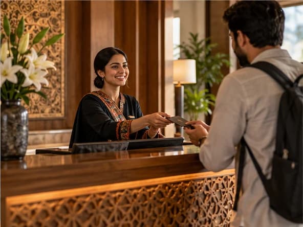 A receptionist welcoming a guest at a hotel desk